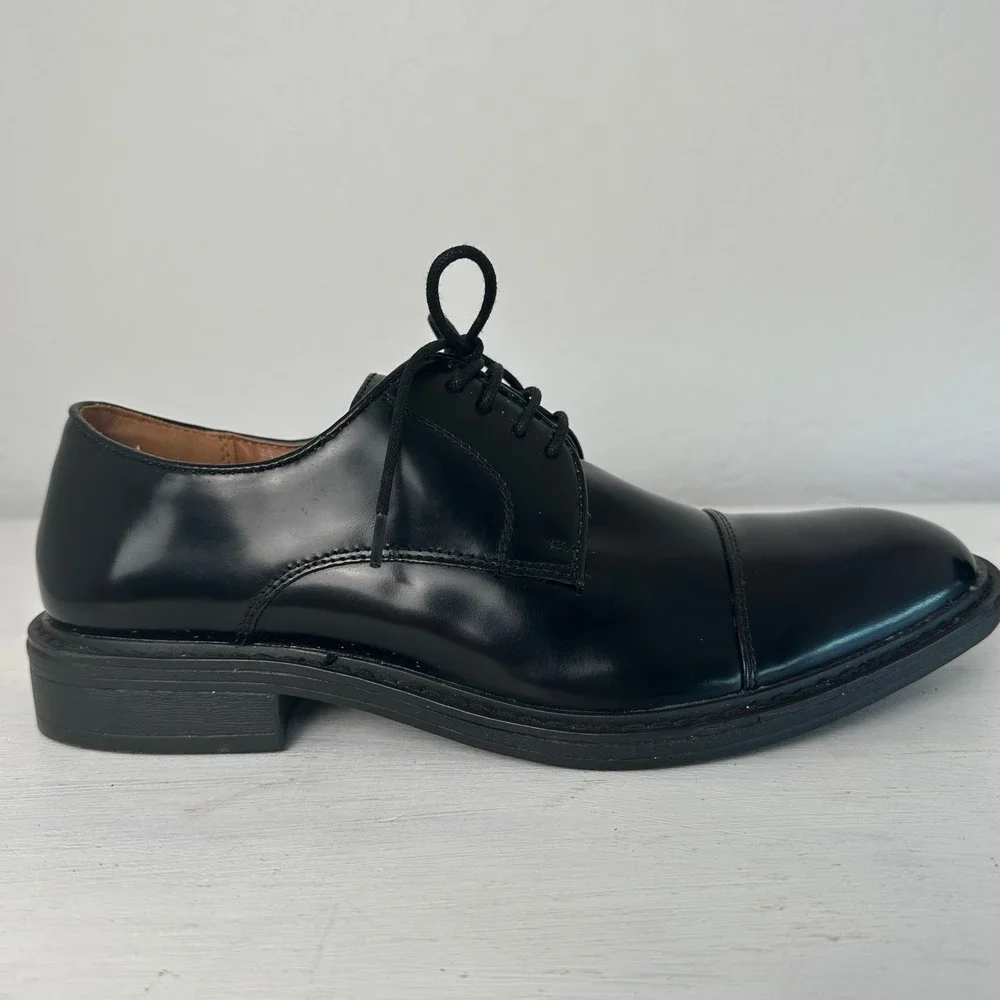 Steve Madden Oxford Shoes Mens 9 P-LUKY Black Leather Cap Toe Dress Shoes